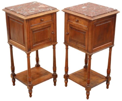 Pair of Antique French Walnut Bedside Tables with Marble Tops - High-quality