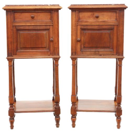 fig 1. Pair of Antique French Walnut Bedside Tables with Marble Tops - High-Quality
