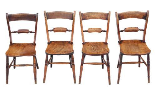 Matched Set of 4 Antique Quality 19th Century Elm Kitchen Dining Chairs