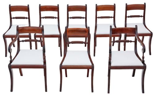Antique Fine Quality Set of 8 (6 Plus 2) 19th Century Regency Twist Mahogany Dining Chairs