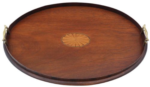 Antique Victorian Quality Inlaid Mahogany Oval Tea Serving Tray C1900