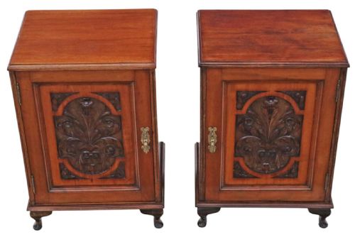 PAIR OF ANTIQUE CARVED WALNUT BEDSIDE CUPBOARD TABLES QUALITY VINTAGE - ADDITIONAL PHOTO 1