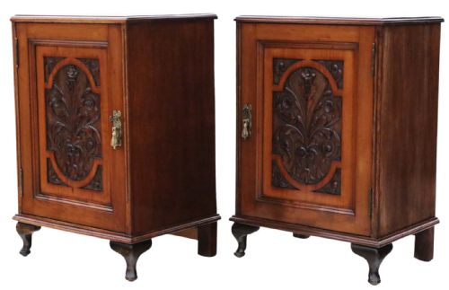 PAIR OF ANTIQUE CARVED WALNUT BEDSIDE CUPBOARD TABLES QUALITY VINTAGE - ADDITIONAL PHOTO 5