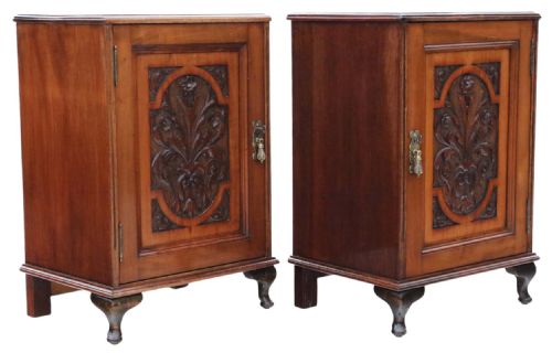 PAIR OF ANTIQUE CARVED WALNUT BEDSIDE CUPBOARD TABLES QUALITY VINTAGE - ADDITIONAL PHOTO 6