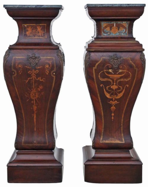ANTIQUE LARGE PAIR OF 19TH CENTURY NEOCLASSICAL JARDINIERE STATUE STANDS MARQUETRY PEDESTAL TABLES - ADDITIONAL PHOTO 1