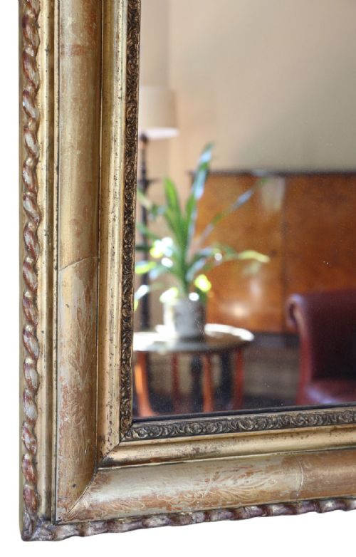 LARGE ANTIQUE 19TH CENTURY GILT OVERMANTLE WALL MIRROR ORNATE GOLD FRAME VINTAGE DECOR - ADDITIONAL PHOTO 4