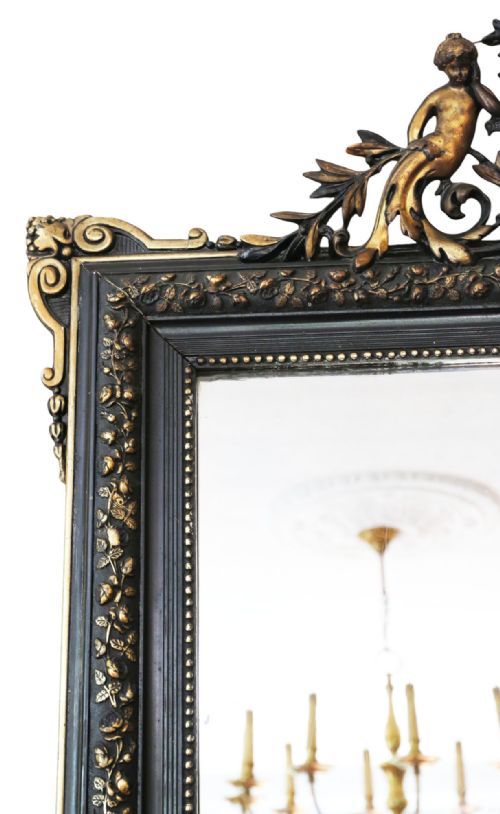fig 2. Large 19th Century Antique Ebonised & Gilt Overmantle Wall Mirror – Black & Gold Vintage Statement Frame