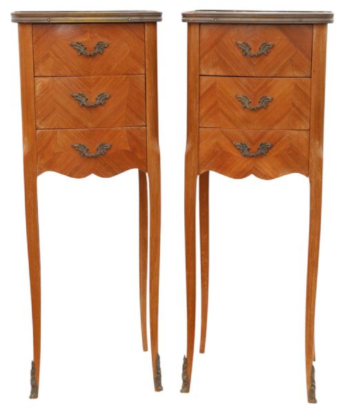 fig 1. Antique Pair of Small Marquetry Bedside Tables with Marble Tops – Quality Early 20th Century C1925