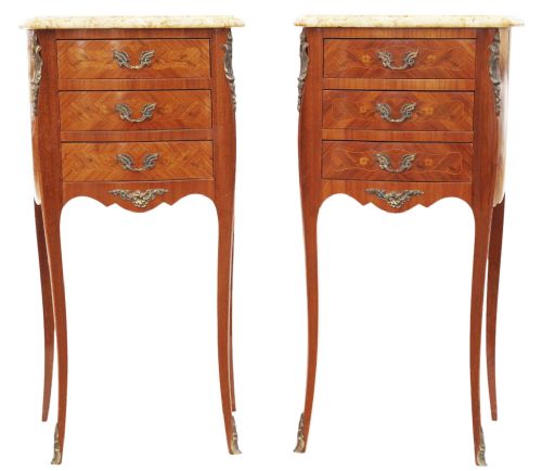 ANTIQUE PAIR MARQUETRY BEDSIDE TABLES WITH MARBLE TOPS QUALITY EARLY 20TH CENTURY - ADDITIONAL PHOTO 1