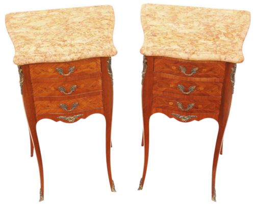 ANTIQUE PAIR MARQUETRY BEDSIDE TABLES WITH MARBLE TOPS QUALITY EARLY 20TH CENTURY - ADDITIONAL PHOTO 2