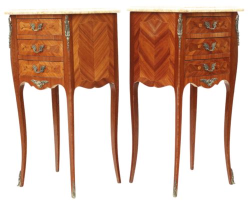 ANTIQUE PAIR MARQUETRY BEDSIDE TABLES WITH MARBLE TOPS QUALITY EARLY 20TH CENTURY - ADDITIONAL PHOTO 4