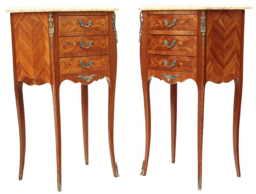 ANTIQUE PAIR MARQUETRY BEDSIDE TABLES WITH MARBLE TOPS QUALITY EARLY 20TH CENTURY - ADDITIONAL PHOTO 5