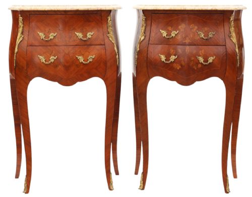 fig 1. Antique Pair of Marquetry Bedside Tables with Marble Tops – Early 20th Century Quality