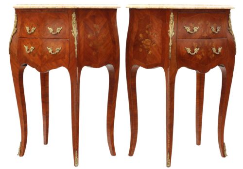 fig 2. Antique Pair of Marquetry Bedside Tables with Marble Tops – Early 20th Century Quality