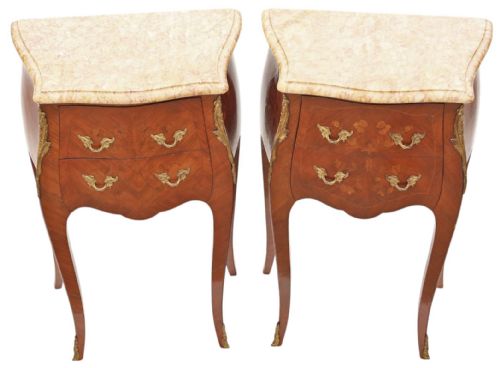 fig 3. Antique Pair of Marquetry Bedside Tables with Marble Tops – Early 20th Century Quality