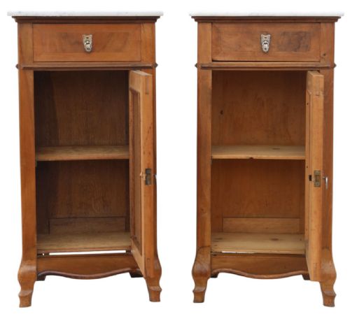 fig 1. Antique c.1910 Pair of Cherry & Maple Bedside Tables with Marble Tops – Fine Quality Nightstands
