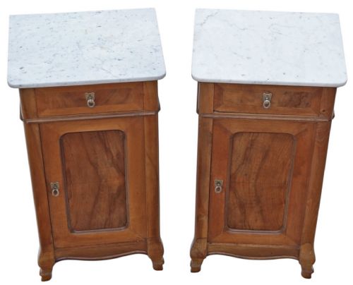 fig 2. Antique c.1910 Pair of Cherry & Maple Bedside Tables with Marble Tops – Fine Quality Nightstands