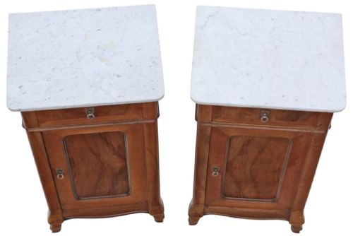 fig 3. Antique c.1910 Pair of Cherry & Maple Bedside Tables with Marble Tops – Fine Quality Nightstands