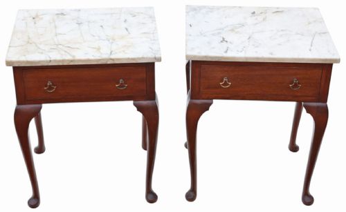 Antique C.1910 Pair of Low Mahogany Lamp Tables with Marble Tops – Fine Quality