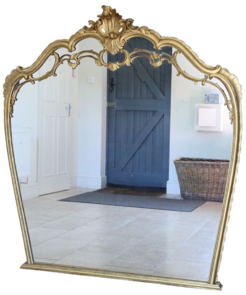 LARGE C1920 ANTIQUE GILTWOOD OVERMANTEL WALL MIRROR ORNATE GOLD FRAME STATEMENT PIECE - ADDITIONAL PHOTO 1
