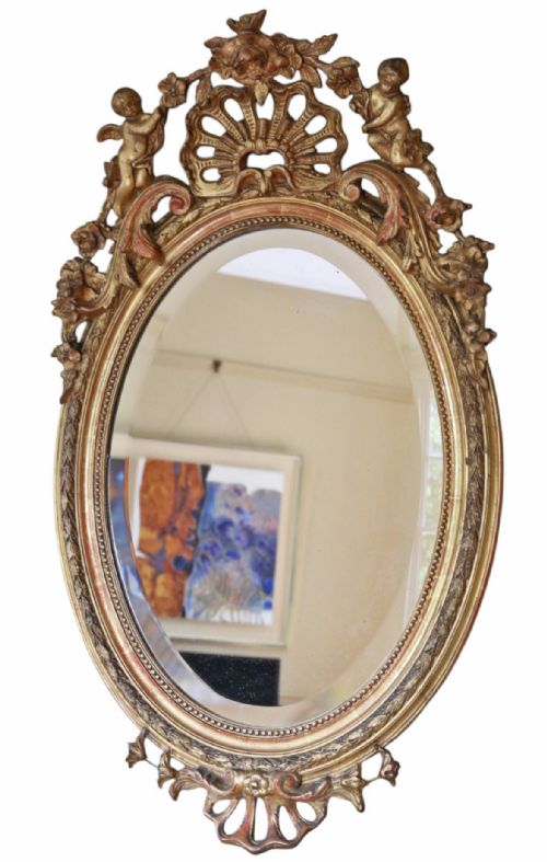 ANTIQUE LARGE 19TH CENTURY OVAL GILT OVERMANTEL WALL MIRROR HIGH QUALITY - ADDITIONAL PHOTO 1