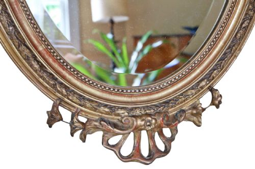 ANTIQUE LARGE 19TH CENTURY OVAL GILT OVERMANTEL WALL MIRROR HIGH QUALITY - ADDITIONAL PHOTO 2