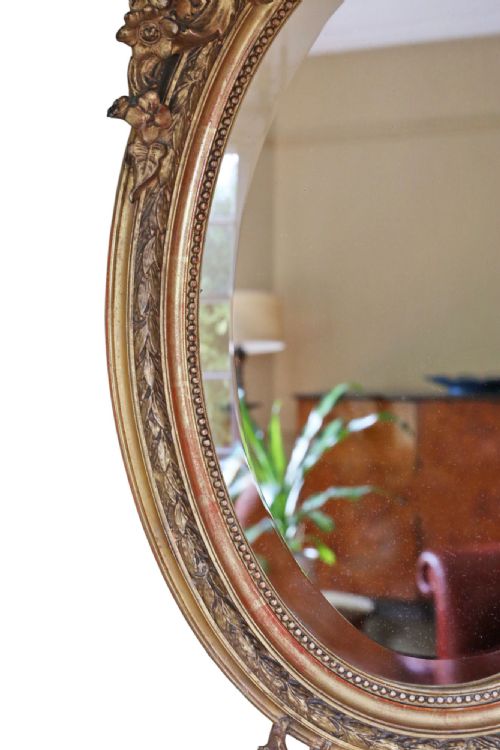 ANTIQUE LARGE 19TH CENTURY OVAL GILT OVERMANTEL WALL MIRROR HIGH QUALITY - ADDITIONAL PHOTO 4