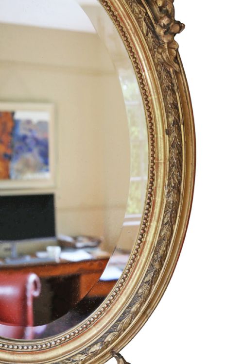 ANTIQUE LARGE 19TH CENTURY OVAL GILT OVERMANTEL WALL MIRROR HIGH QUALITY - ADDITIONAL PHOTO 5