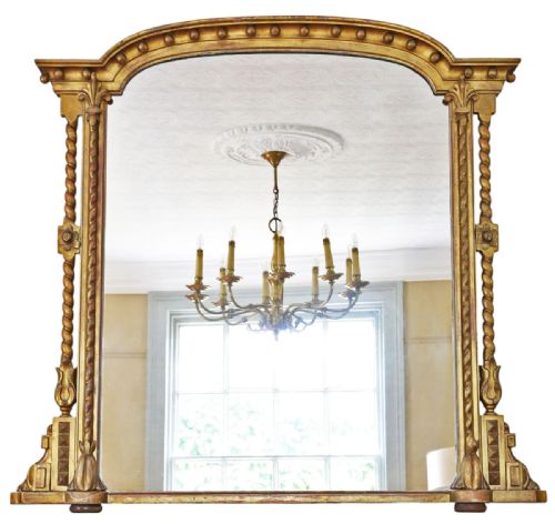 Large 19th Century Antique Giltwood Overmantel or Wall Mirror – Ornate Gold Statement Frame