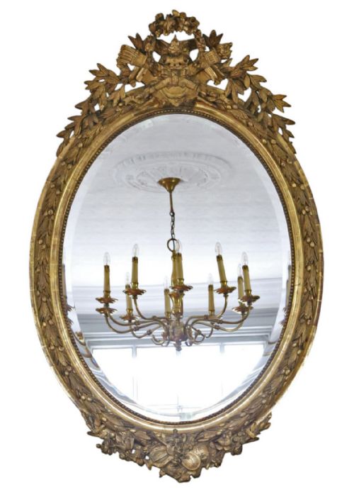 Antique 19th Century Large Oval Gilt Overmantel Wall Mirror – Decorative Gold Statement Frame