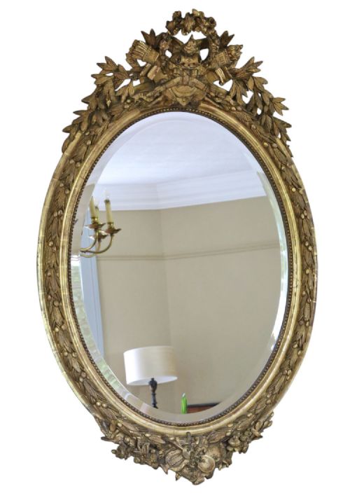 fig 1. Antique 19th Century Large Oval Gilt Overmantel Wall Mirror – Decorative Gold Statement Frame