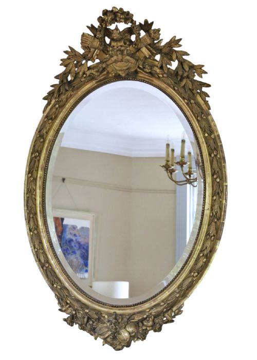 fig 2. Antique 19th Century Large Oval Gilt Overmantel Wall Mirror – Decorative Gold Statement Frame