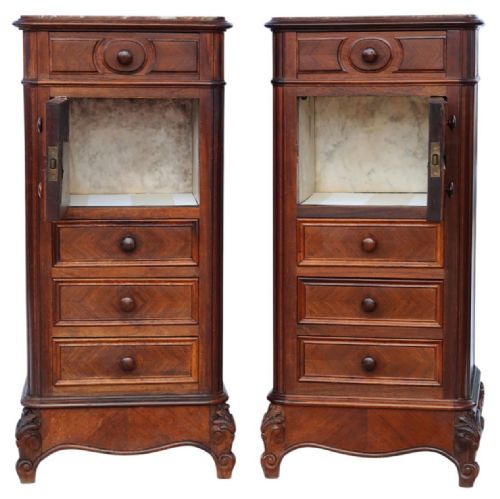 ANTIQUE C1910 PAIR OF TALL PARQUETRY VENEER BEDSIDE TABLES FINE QUALITY NIGHTSTANDS - ADDITIONAL PHOTO 3