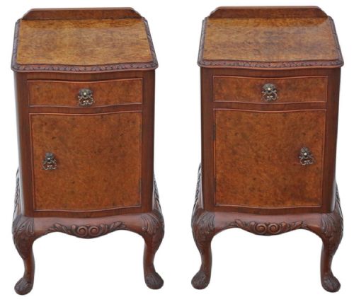 fig 1. Antique c.1920 Pair of Burr Walnut Bedside Tables – Fine Quality Nightstands