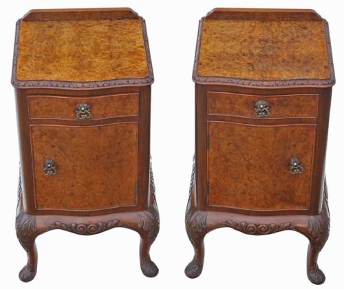 fig 2. Antique c.1920 Pair of Burr Walnut Bedside Tables – Fine Quality Nightstands