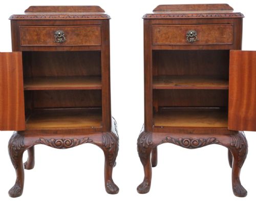 fig 3. Antique c.1920 Pair of Burr Walnut Bedside Tables – Fine Quality Nightstands
