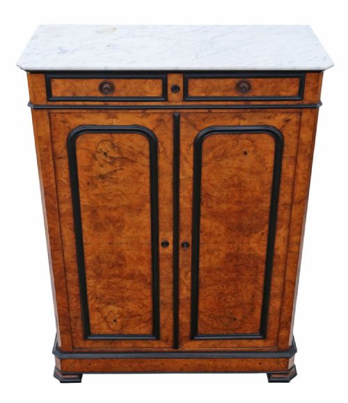 ANTIQUE 19TH CENTURY EBONISED BURR WALNUT CABINET WITH MARBLE TOP - ADDITIONAL PHOTO 1