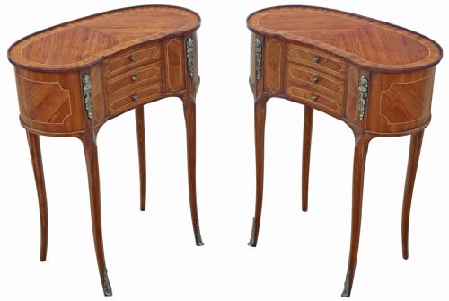 ANTIQUE C1925 PAIR OF KIDNEYSHAPED INLAID VENEER BEDSIDE TABLES FINE QUALITY - ADDITIONAL PHOTO 3