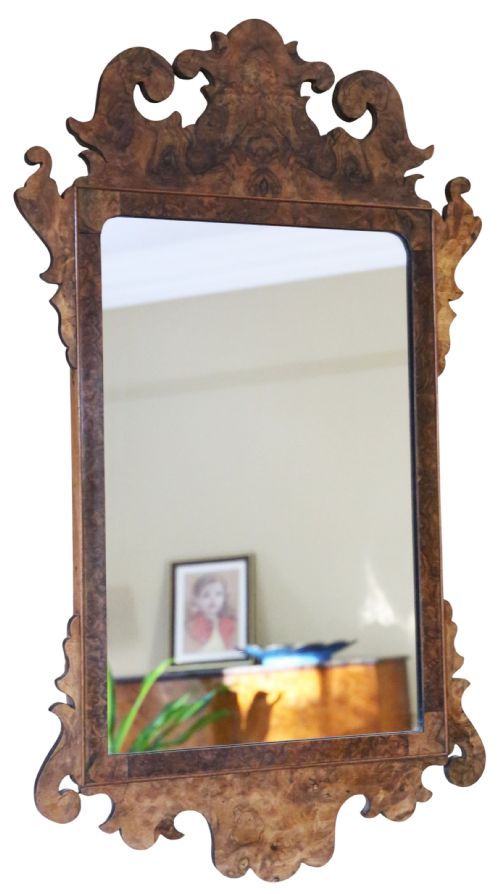 fig 1. Antique c.1910 Georgian Revival Burr Walnut Fret-Cut Overmantle Mirror – Fine Quality