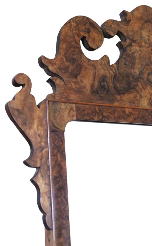 fig 2. Antique c.1910 Georgian Revival Burr Walnut Fret-Cut Overmantle Mirror – Fine Quality