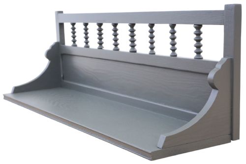 fig 2. An antique grey painted wooden wall display shelf featuring a top gallery rail with turned spindles and shaped side brackets.