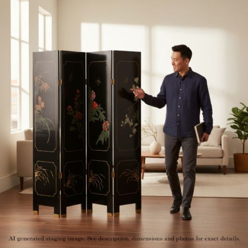 ANTIQUE C1900 LARGE VICTORIAN CHINOISERIE BLACK LACQUER PAPIER MCH DRESSING SCREEN FINE QUALITY - ADDITIONAL PHOTO 11