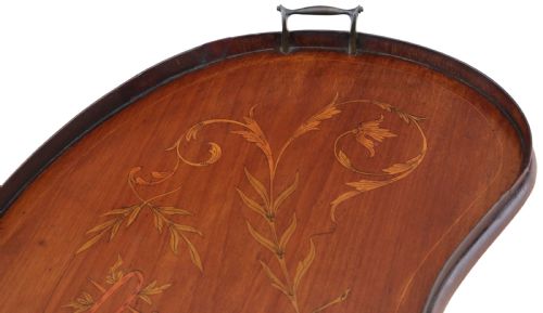 ANTIQUE 19TH CENTURY FINE QUALITY INLAID MAHOGANY KIDNEYSHAPED SERVING TRAY - ADDITIONAL PHOTO 2
