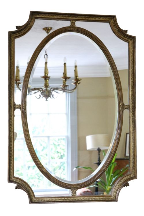 Antique C.1900 Gilt Cushion Overmantle Wall Mirror with Bevel Edge Glass