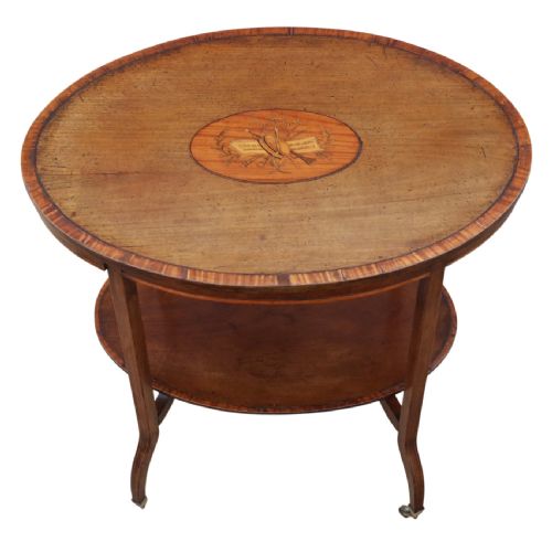 ANTIQUE C1900 QUALITY OVAL INLAID AND DECORATED SATIN WALNUT WINDOW TABLE - ADDITIONAL PHOTO 1