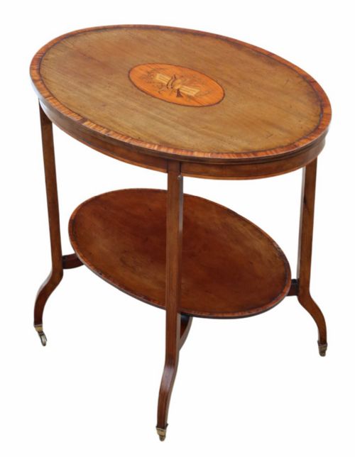 ANTIQUE C1900 QUALITY OVAL INLAID AND DECORATED SATIN WALNUT WINDOW TABLE - ADDITIONAL PHOTO 2