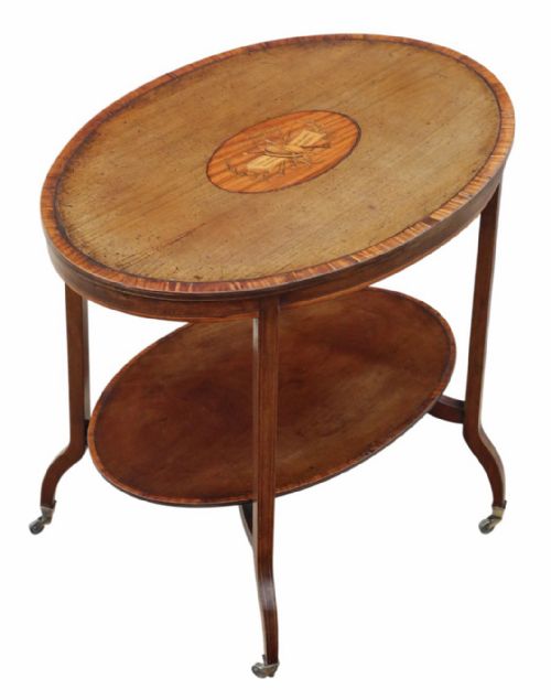ANTIQUE C1900 QUALITY OVAL INLAID AND DECORATED SATIN WALNUT WINDOW TABLE - ADDITIONAL PHOTO 3
