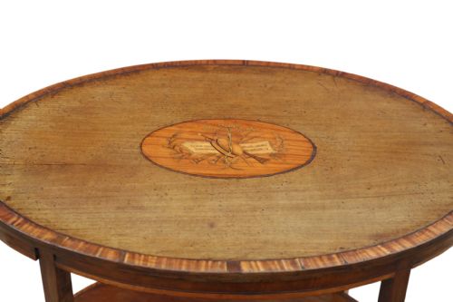 ANTIQUE C1900 QUALITY OVAL INLAID AND DECORATED SATIN WALNUT WINDOW TABLE - ADDITIONAL PHOTO 5