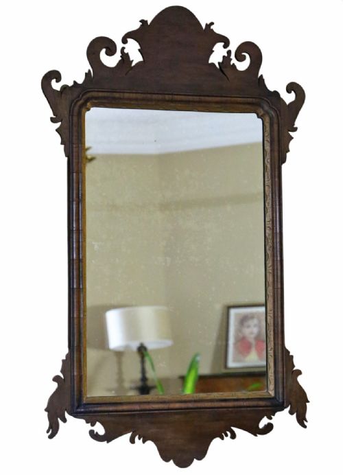 ANTIQUE C1920 GEORGIAN REVIVAL WALNUT AND GILT FRET CUT WALL MIRROR FINE QUALITY
