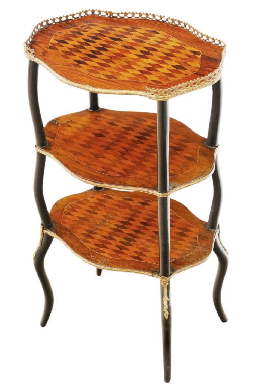 ANTIQUE QUALITY C1900 INLAID PARQUETRY AND EBONISED ETAGERE WHATNOT DISPLAY SHELVES - ADDITIONAL PHOTO 1